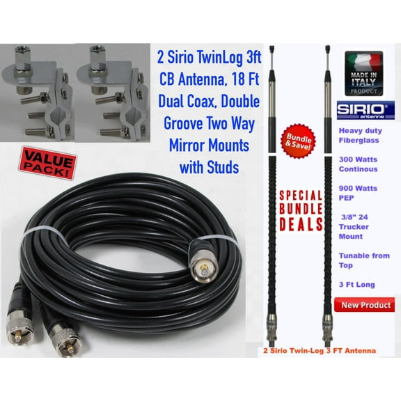 Dual Sirio Twin-Log 3 3ft 900 Watt CB Antenna kit