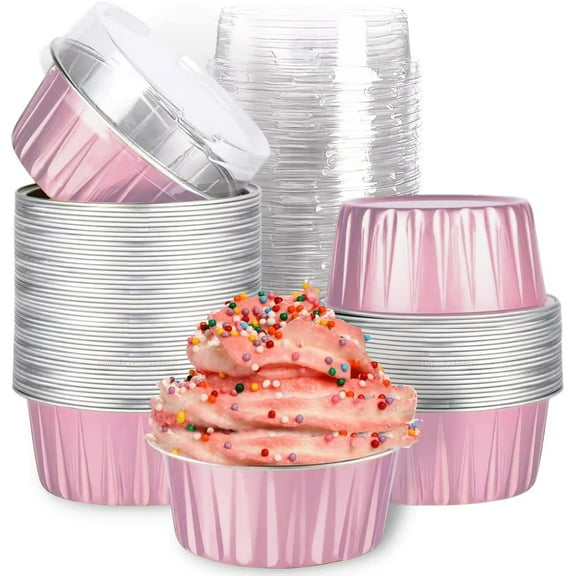 Mini Aluminum Foil Cupcake Baking Cups with Lids (50pcs, 5oz) Round Cupcake Foil Liners Tart Pie Tin Pan Holder - Disposable Mini Cake Containers Flan Molds for Pudding, Souffle, Party, Wedding
