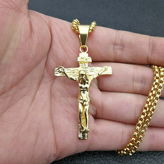 Hip hop Jesus Cross Men Necklace Jewelry 14K Yellow Gold Pendant Religious Vintage Choker Male Gift