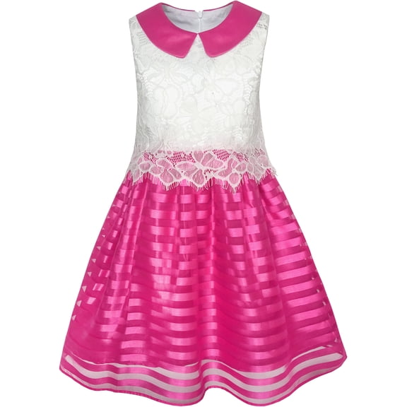 Girls Dress Red Blue Lace Stripe Collar Party Sundress 4