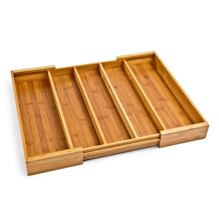 Bamboo Expandable 5 Large Compartment Adjustable Cutlery Drawer Tray Organizer
