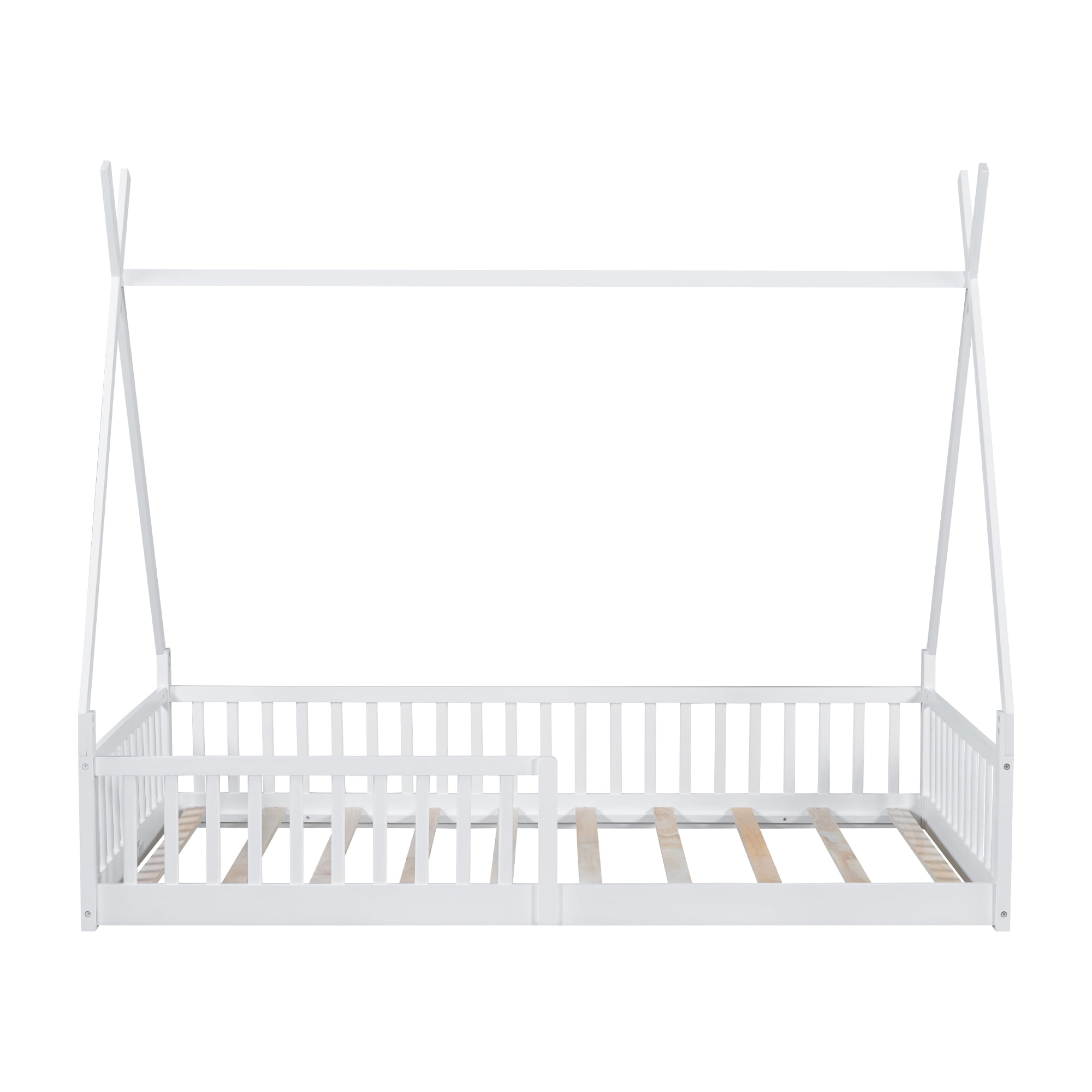 Harper & Bright Designs Floor Bed for Boys Girls, Twin Size Teepee Tent Beds, Montessori Floor Bed with Slats and Fence Rails, Wood House Bed Frame for Boys Girls, White