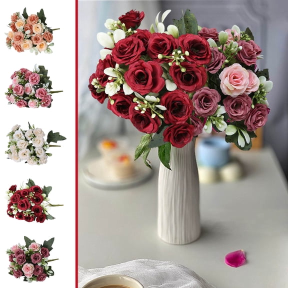 AZXY Artificial Burgundy Tea Rose Bouquet, 11.8" Faux Silk Mini Rose Bush for Wedding Arch, Table Centerpieces & Home Decor