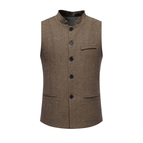 YUGYXL Vest for Men Tweed Stand-Up Collar Wool Suit Vests Casual Business Wedding Groomsmen Waistcoats Coffee L