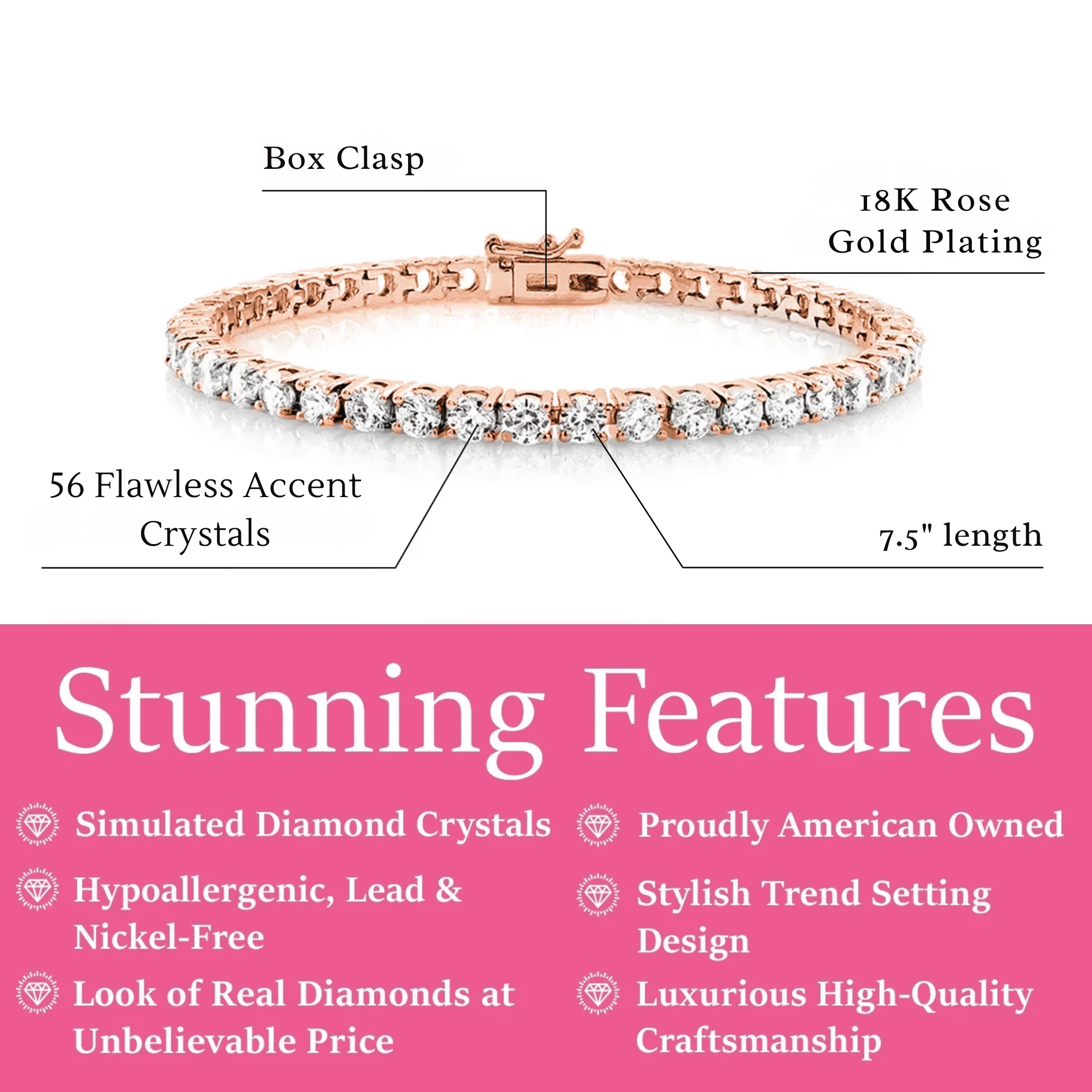Cate & Chloe Kaylee 18k Rose Gold Plated Tennis Bracelet with Simulated Diamonds Gift for Women