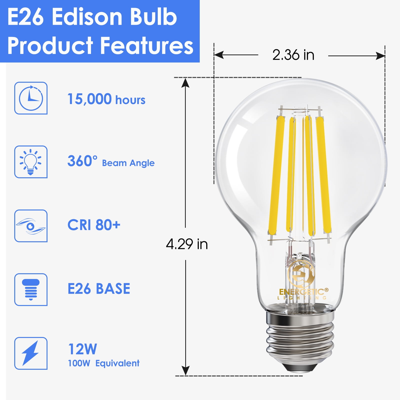ENERGETIC A19 LED Edison Light Bulb,Dimmable, 100 Watt Equivalent,Daylight 5000K,1600LM,Clear Antique LED Filament Bulb for Home, Bathroom,E26 Base,6 Pack