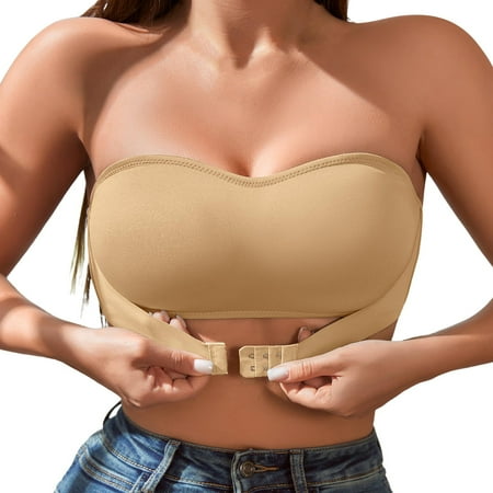 HYSYSB Strapless Bras for Women balconette Bras for Women push Up Bra bandeau Bra women Front Closure Single Layer Wireless Bra (1pc) tube Top Khaki XL