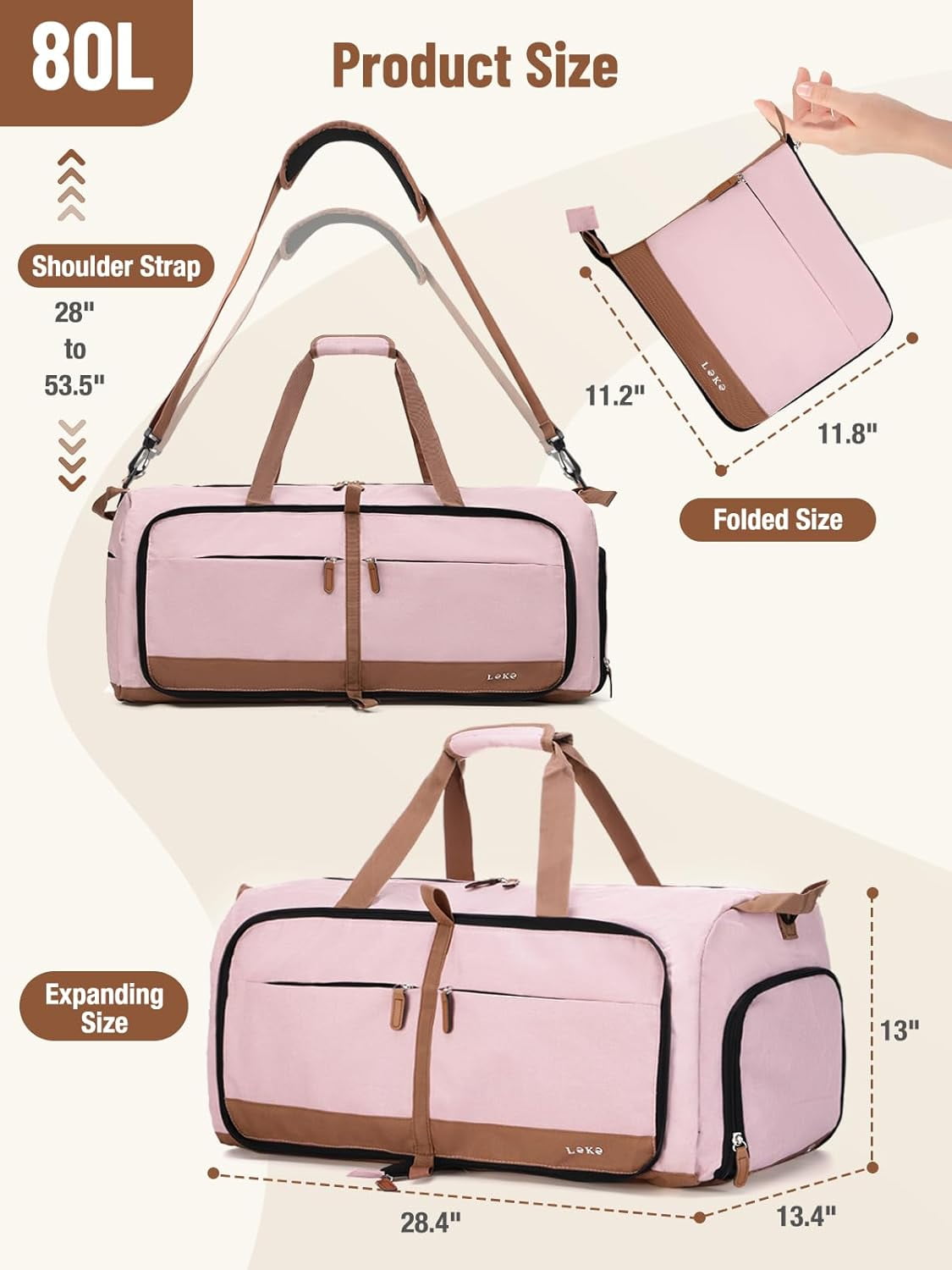 80L Large Foldable Travel Duffle Bag for Women - Separate Shoe Compartment, Carry On Weekend/Overnight/Hospital Bag with Straps (Blue Stripes)