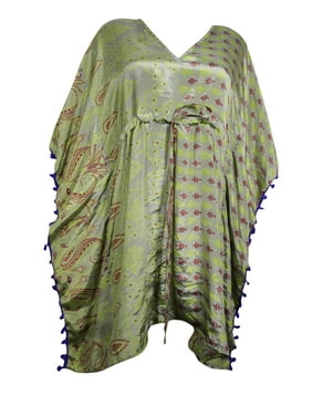 Mogul Womens Summer Kaftan Dresses Printed Green SARI Caftan Coverup Tunic Dress XL