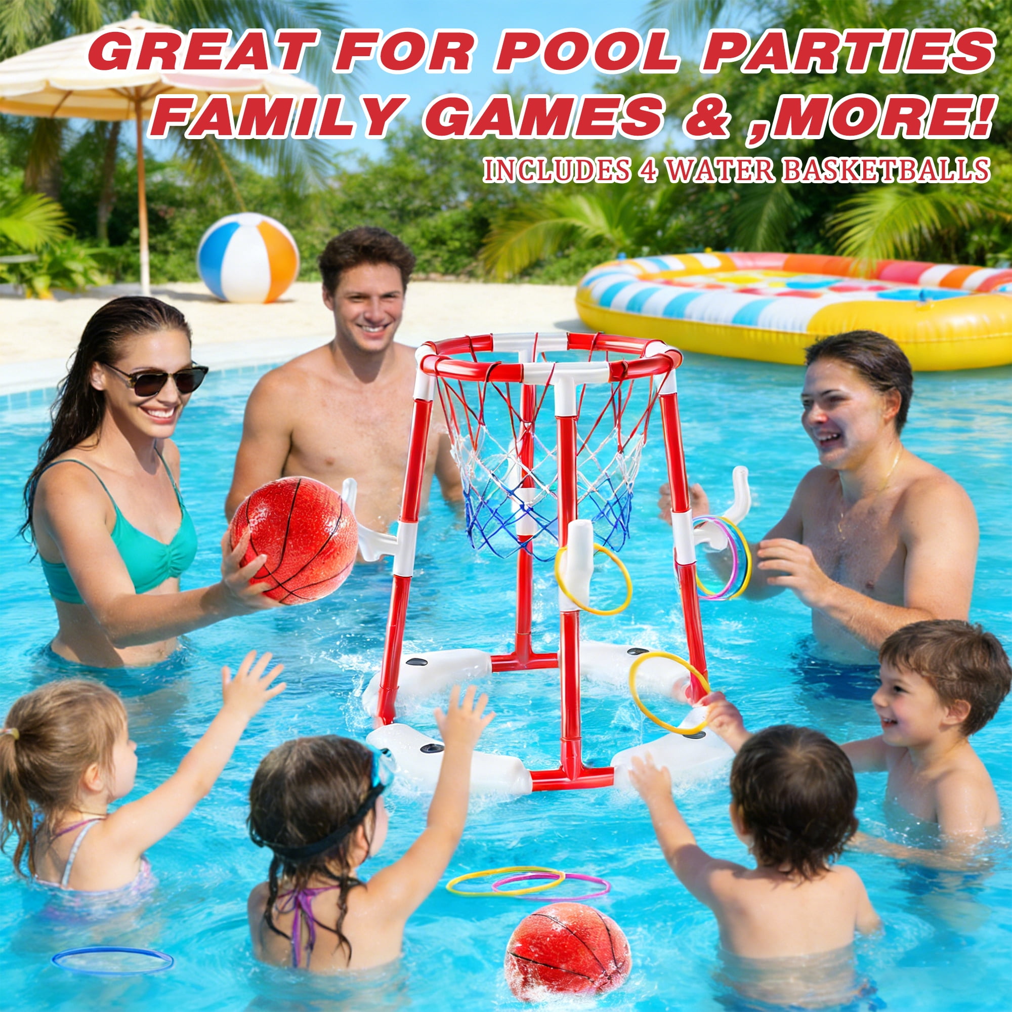 JBeeCtrl Pool Basketball Hoop Toys for Kids Ages 4-8 8-12 & Adult Floating Basketball Hoop Summer Outdoor Swimming Pool Games Water Play Toys Family Party for Kids（Red）