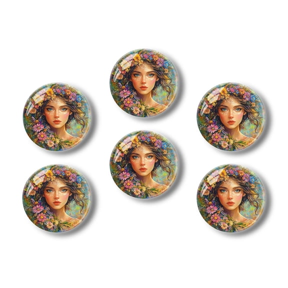 Glass Refrigerator Magnet 6Pcs Magnetic Fridge Sticker,Decor for Kitchen,Whiteboard,Cabinet,Beautiful Woman With Colorful Flowers In Hair
