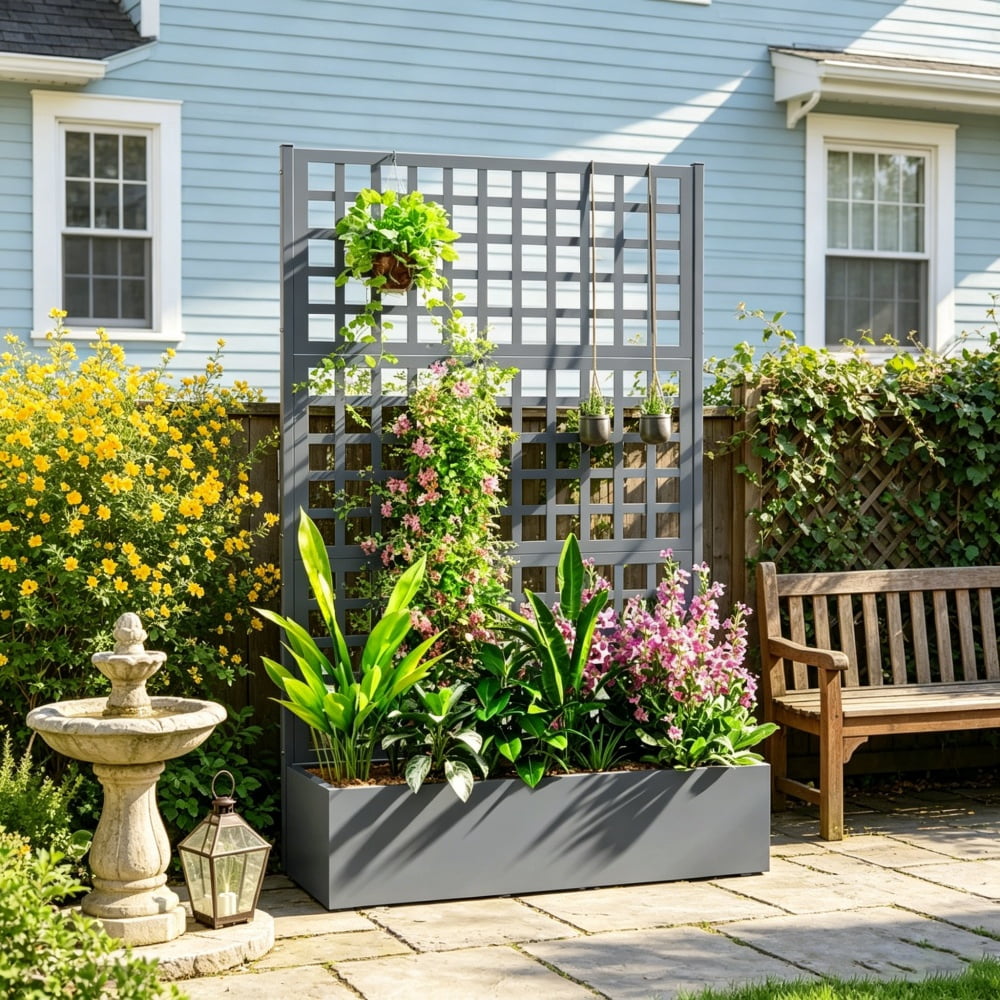 Metal Raised Garden Bed, Galvanized Planter Box with Trellis for Garden, 43" x 16" x 70" Gray
