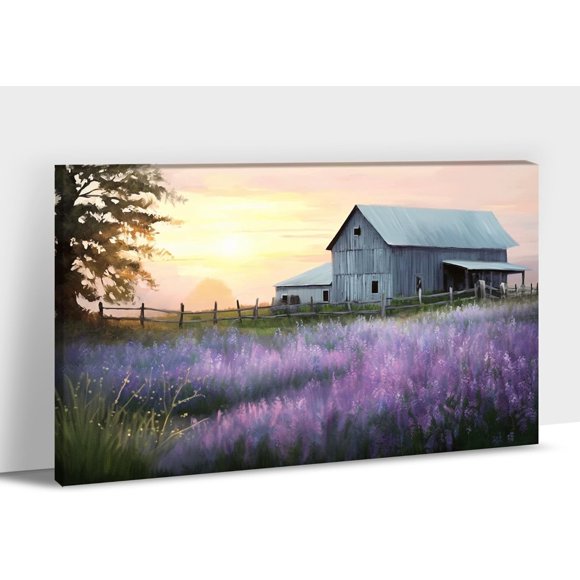 Farmhouse Wall Art - Farmhouse Barn Pictures Wall Decor, Rustic Spring Barn Picture Wall Art, Farm Flower Field Canvas Print Framed For Room Decor Ready To Hang 12x18inches