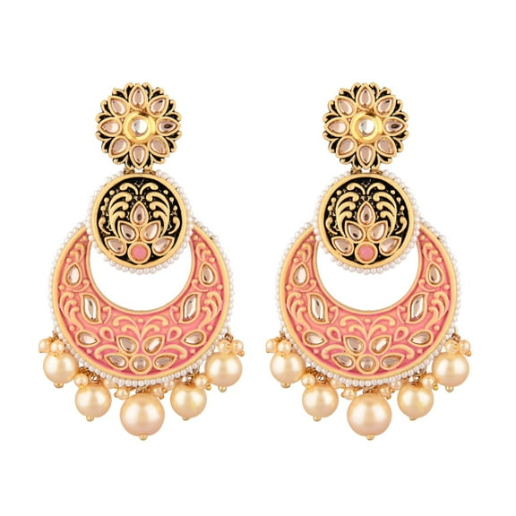 Efulgenz Indian Jewelry Antique Crystal Kundan Chandbali Big Dangle Engraved Earrings Set for Women - Pink