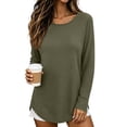 thumbnail image 2 of ClodeEU Women's Crew Neck Side Split Curved Hem Long Sleeve Top, Casual Loose Waffle Knit Pullover Blouse Army Green,Women's Plus L, 2 of 9