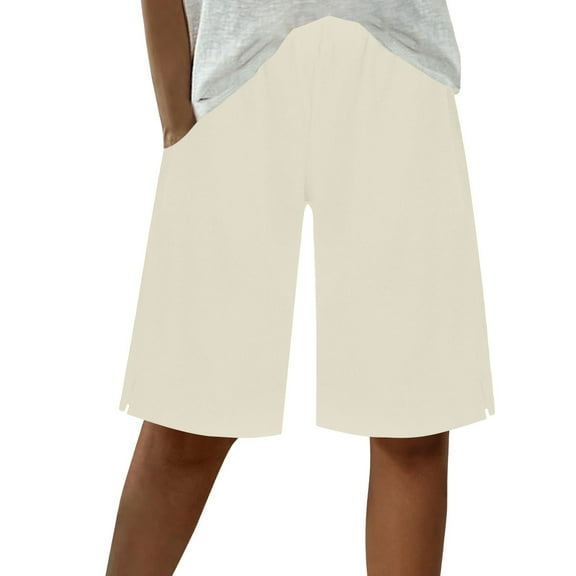 FAHXNVB Cotton Linen Bermuda Shorts for Women Elastic Waist Casual Wide Leg Summer Shorts with Pockets Lightweight Knee Length Beach Shorts