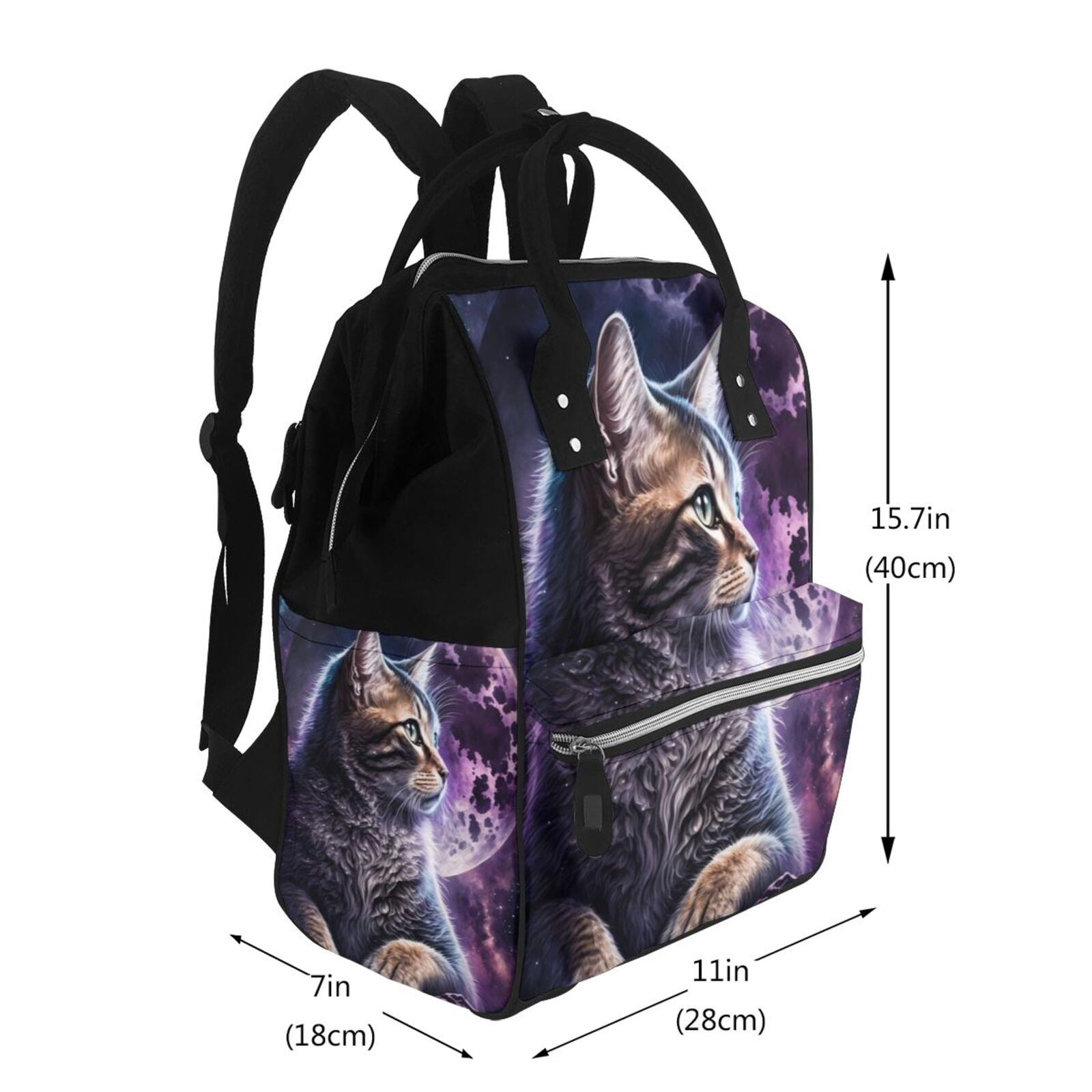 Ratiio Purple Moon Cat Mummy Backpack - Waterproof Twill Canvas, Large Capacity Diaper Bag with Multiple Pockets and Adjustable Straps