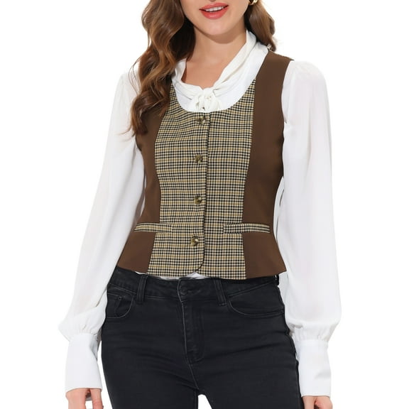 DARING DIVA Women's Vintage Waistcoat Vest Plaid Button Down Vests M Brown