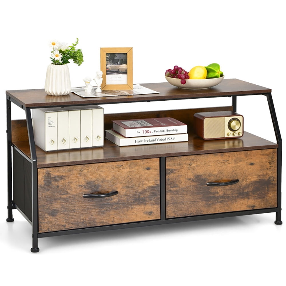 Finihen TV Stand, TV Cabinet, Dresser TV Stand with 2 Folding Fabric Drawers and Open Shelves, for Living Room, Bedroom, Rustic Brown