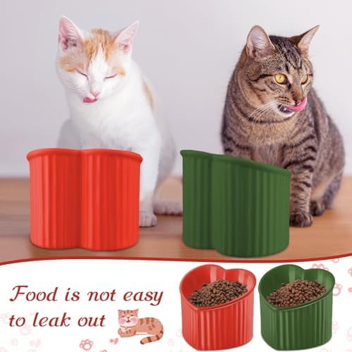 2 Pcs Ceramic Elevated Cat Bowls Tilted Elevated Raised Pet Bowls Anti Vomit Cat Dish for Indoor Stress Free Water Dish Feeder for Puppies, Heart Shaped (Red, Green)
