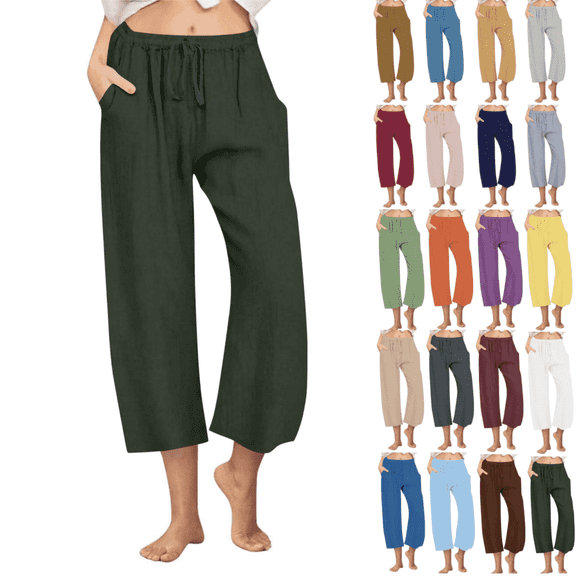 Juslio Capris Linen Pants Women Elastic Waist Drawstring Wide Leg Capris Loose Linen Capris