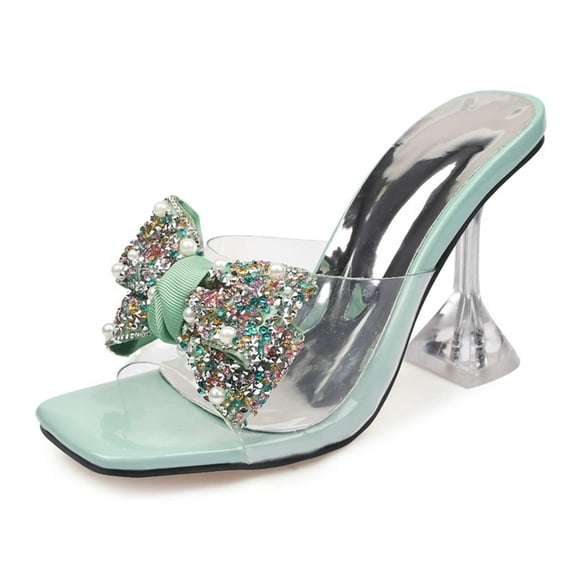 Ladies' pearl bow square toe high-heeled sandals, elegant rhinestone transparent high-heeled open toed dress slippers, suitable for dinner parties and dance parties, crystal sandals