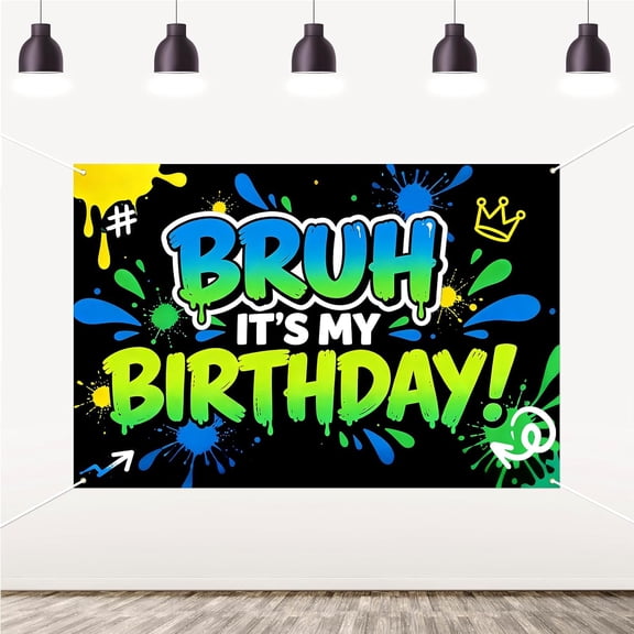 6x4FT Bruh It's My Birthday Backdrop Black Neon Graffiti Paint Splatter Birthday Background for Boys Hip Hop Bruh Birthday Party Decorations Banner Supplies Photo Booth Props