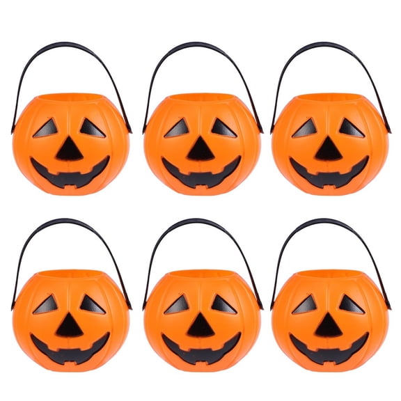 Halloween Pumpkin Candy Buckets, Plastic Trick or Treat Pails with Handles for Kids Halloween Party Orange 4" x 4" x 6"