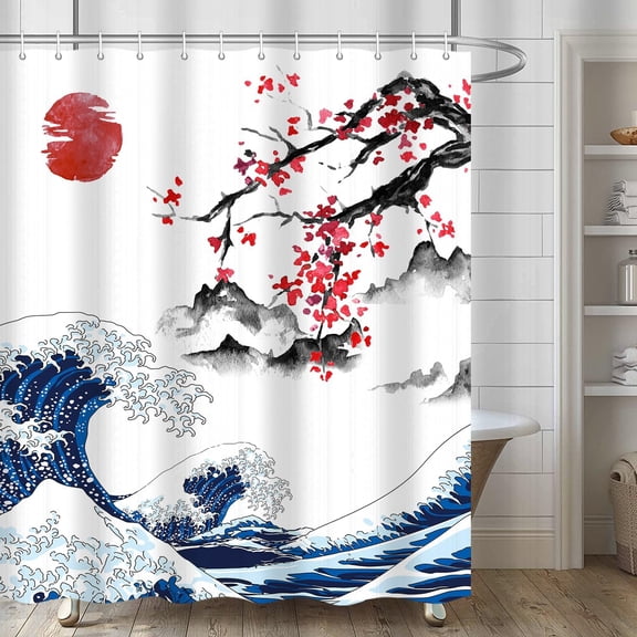 Asian Japanese Cherry Blossom Shower Curtain, Ocean Art Flower Red Sun Mountain Abstract Traditional Nature Landscape Decor for Bathroom, Waterproof Polyester Durable Fabric Set with Hooks,72x72