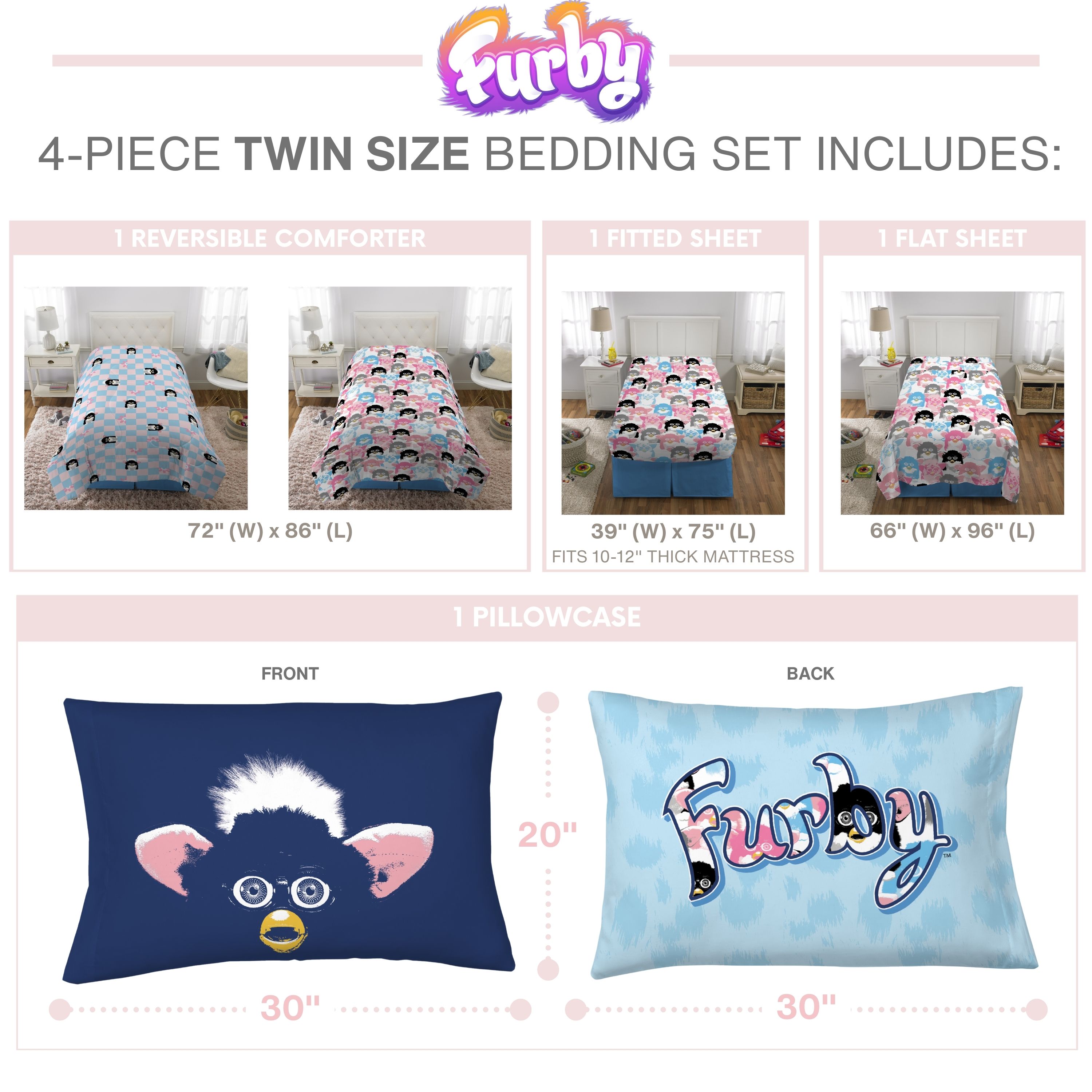 Furby Kids Twin Bed in a Bag, 4Pc Bedding Set, Comforter and Sheets