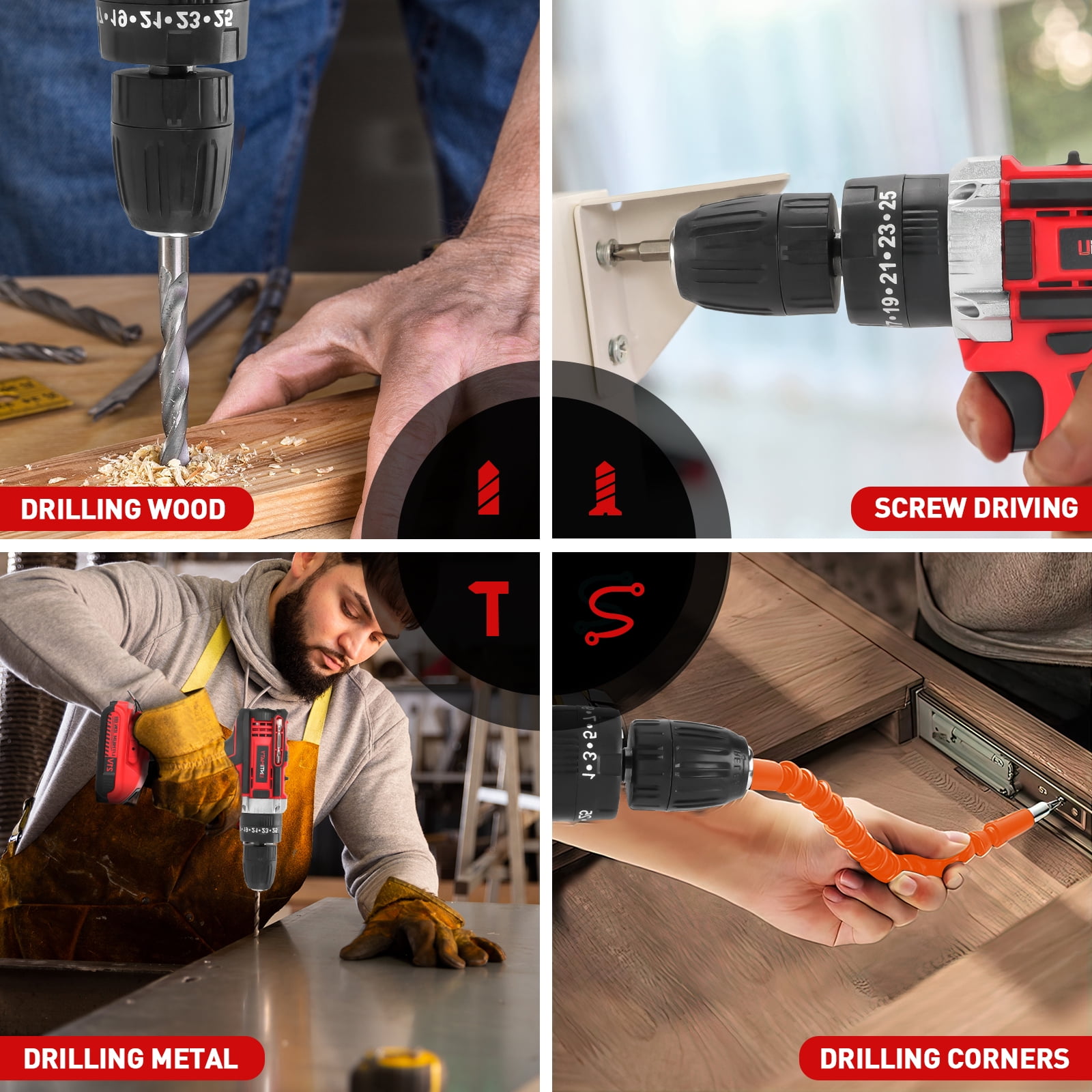 UNTIMATY 21V Cordless Power Drill Set, Power Drill Driver Kit with Lithium-Ion Battery and Charger, 3/8-Inch Keyless Chuck, 2 Variable Speed, 25+3 Position and 31pcs Drill/Driver Bits, Red