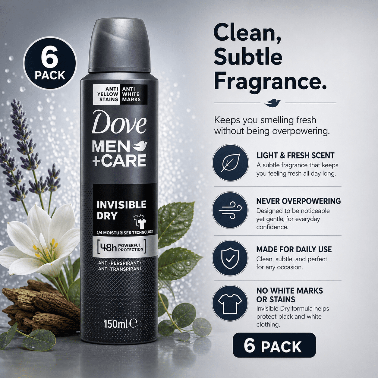Dove Men+Care Invisible Dry Antiperspirant Spray Deodorant 3.8 oz (150 mL), 6 Pack, 72-Hour Protection, No White Marks on Clothes
