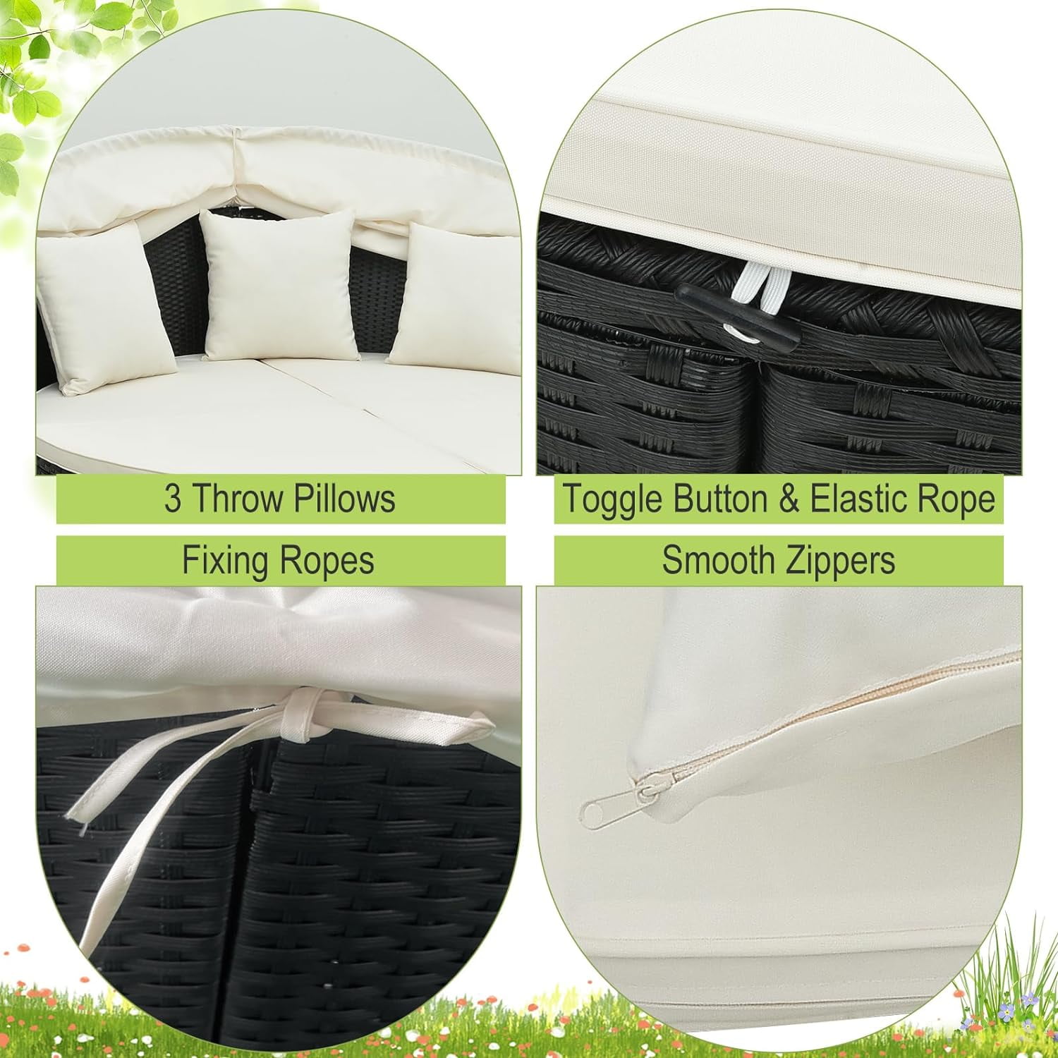 Gymax Outdoor Patio Round Wicker Daybed w/ Separate Seating Sofa, Retractable Canopy, 4 Cushion 3 Pillows Black & White