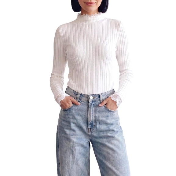 INSPIRE CHIC Womens' Sweater Splicing Knit Mock Neck False Two Piece Long Sleeves Fall Winter Slim Fit Ruffle Lace Trim Pullover Top Small White