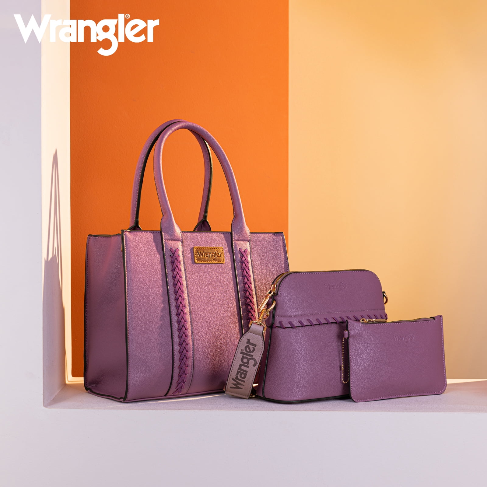 Wrangler 3Pcs Handbags Set Tote Bag & Medium Crossbody Purse & Wallet, Purple