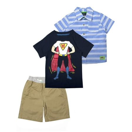 Her Outfit - Short Sleeve Printed Shirt, Graphic Tee, and Twill Pull On Shorts, 3-Piece Outfit Set (Little Boys)