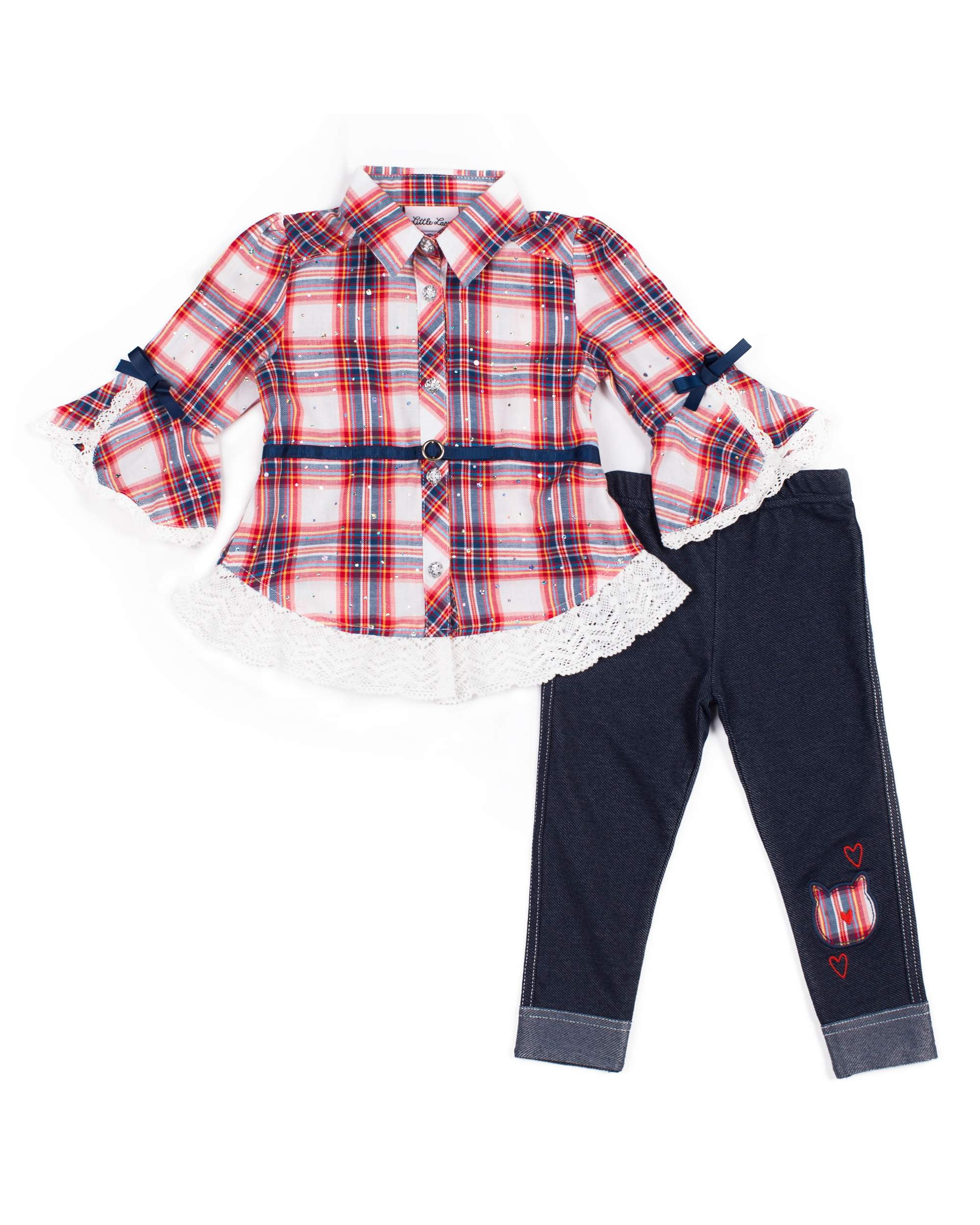 Little Lass Little Lass Plaid Button Down With Lace Trim And Knit