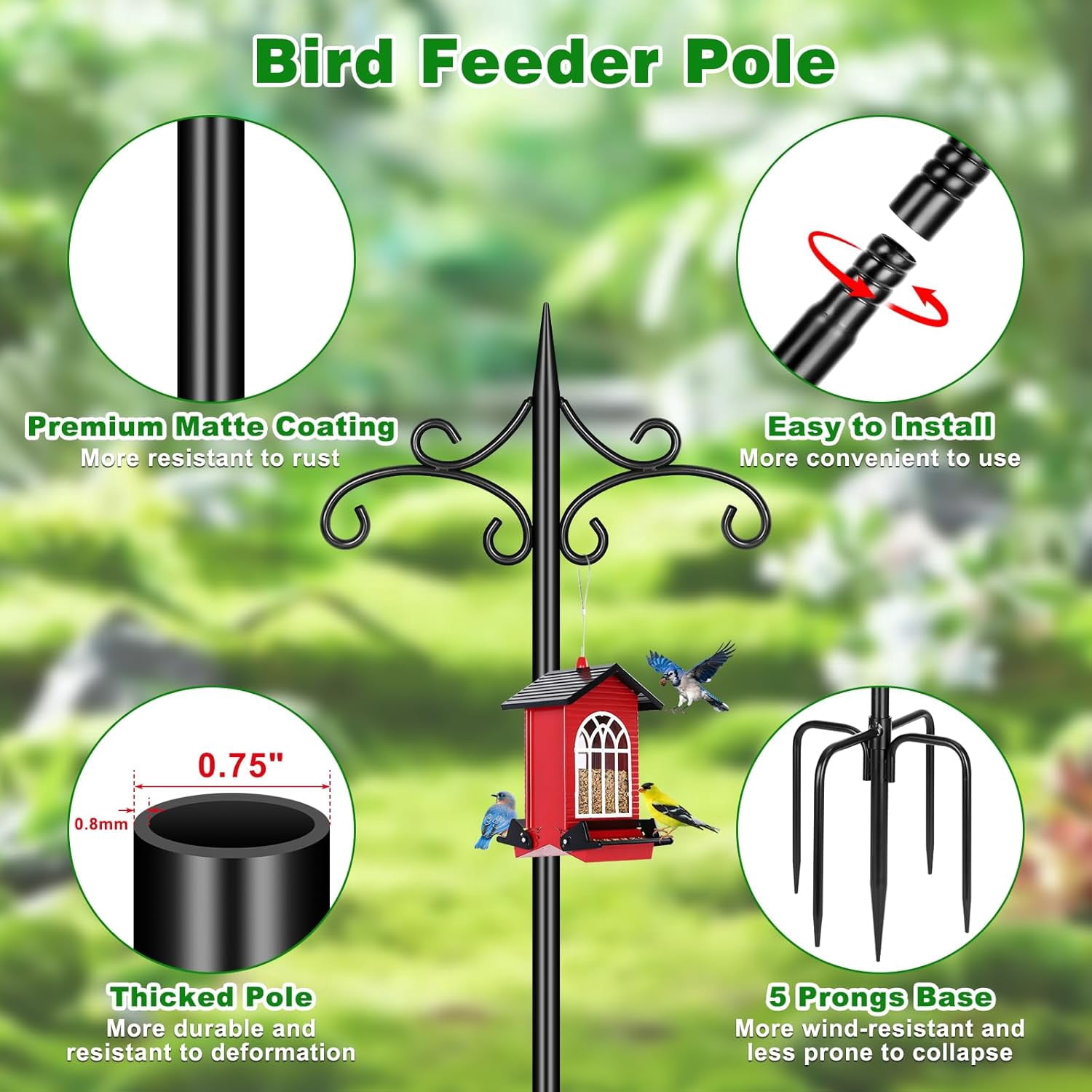 Heavy Duty Double Shepherd Hooks for Outdoor with 5-Prong Base, 88inch Adjustable Decorative Metal Bird Feeder Pole for Hanging Bird Nests, Plant Baskets, Solar Lights, Lanterns, 1 Pack