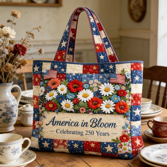250th Anniversary Quilted Tote Bag, Patriotic Floral Patchwork Handbag, Spacious Polyester Shoulder Bag for Daily and Holiday Use, 13.8 * 15 Inch