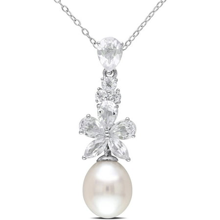 Miabella 9.5-10mm White Rice Cultured Freshwater Pearl and 3 Carat T.G.W. White Topaz Sterling Silver Flower Pendant, 18