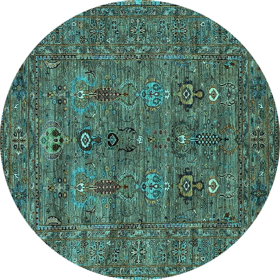 Ahgly Company Machine Washable Indoor Round Oriental Turquoise Blue Industrial Area Rugs, 7' Round
