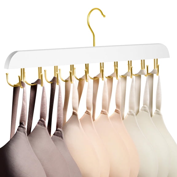 Closet Organizer Hanger, 360° Rotating Hooks for Bras, Camisoles, Scarves, Belts, Space Saving Wooden Storage Solution for Small Closets, White
