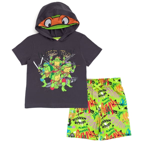 Teenage Mutant Ninja Turtles Big Boys' Cosplay Hooded Tee and Shorts Set Charcoal TMNT Green