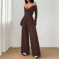 thumbnail image 3 of Morttic Women's Off Shoulder Halter Tie V-Neck Long Sleeve Jumpsuit – Ruched High Waist Wide Leg Casual One Piece Coffee，L, 3 of 5