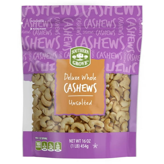 Southern Grove Unsalted Deluxe Whole Cashews, 16 oz - Pack of 2