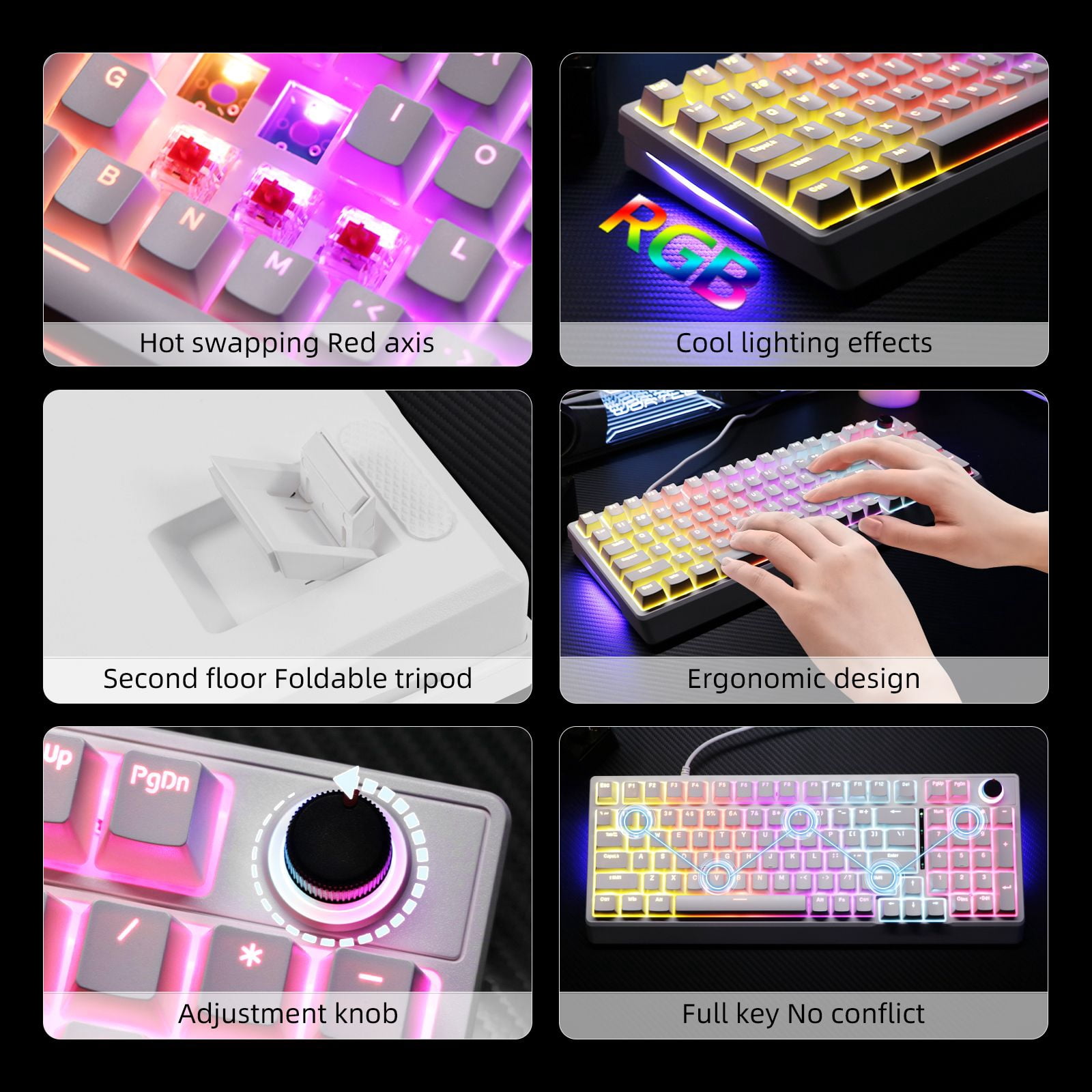 98 Keys Hot Swappable Mechanical Gaming Keyboard with Multifunctional Knob, Side RGB Strip Light, Adjustable Foldable Stand & Full Key Anti-ghosting