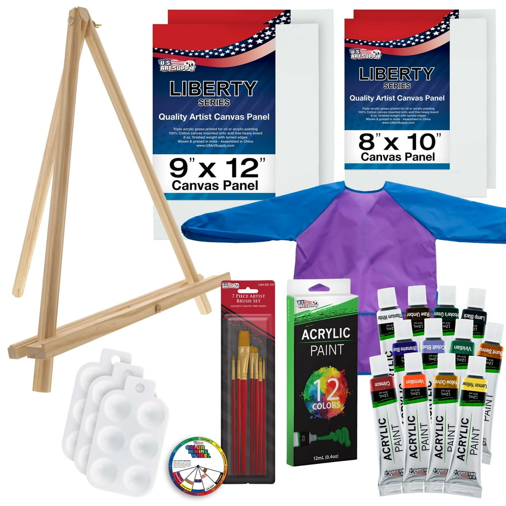 U.S. Art Supply 29 Piece Children's Acrylic Artist Set with Brushes, Easel, Canvas Panels, Smock