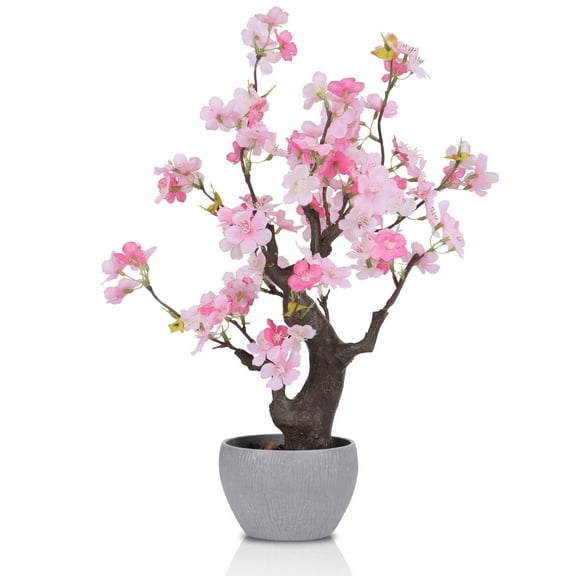Artificial Pink Cherry Blossom Bonsai Tree Decor 17.7'' Tall Faux Cherry Blossom Tree Potted Plant Desk Display with Bonsai Pot Decorative Artificial Flowers Realistic Wood for Home Office Decor