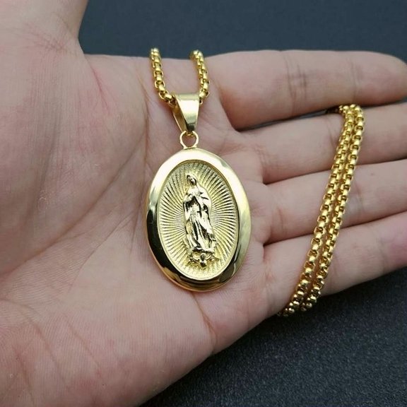 Virgin Mary Prayer 14K Yellow Gold  Pendant Necklaces Golden color with rhinestone Women/Men Jewelry