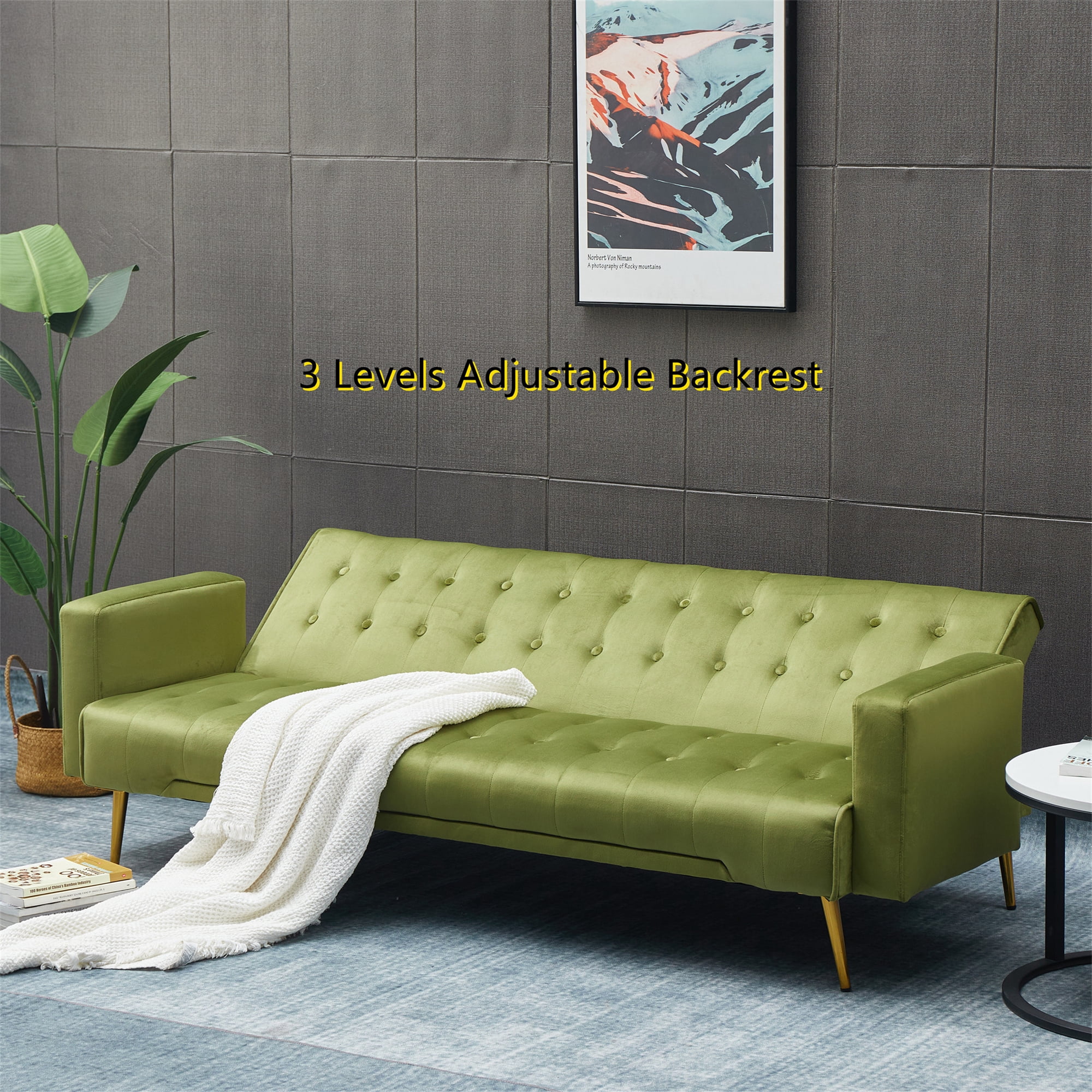 Aukfa 76" Velvet Futon Convertible Sofa Bed, 3 Seat Tufted Couch for Home Office, Army Green